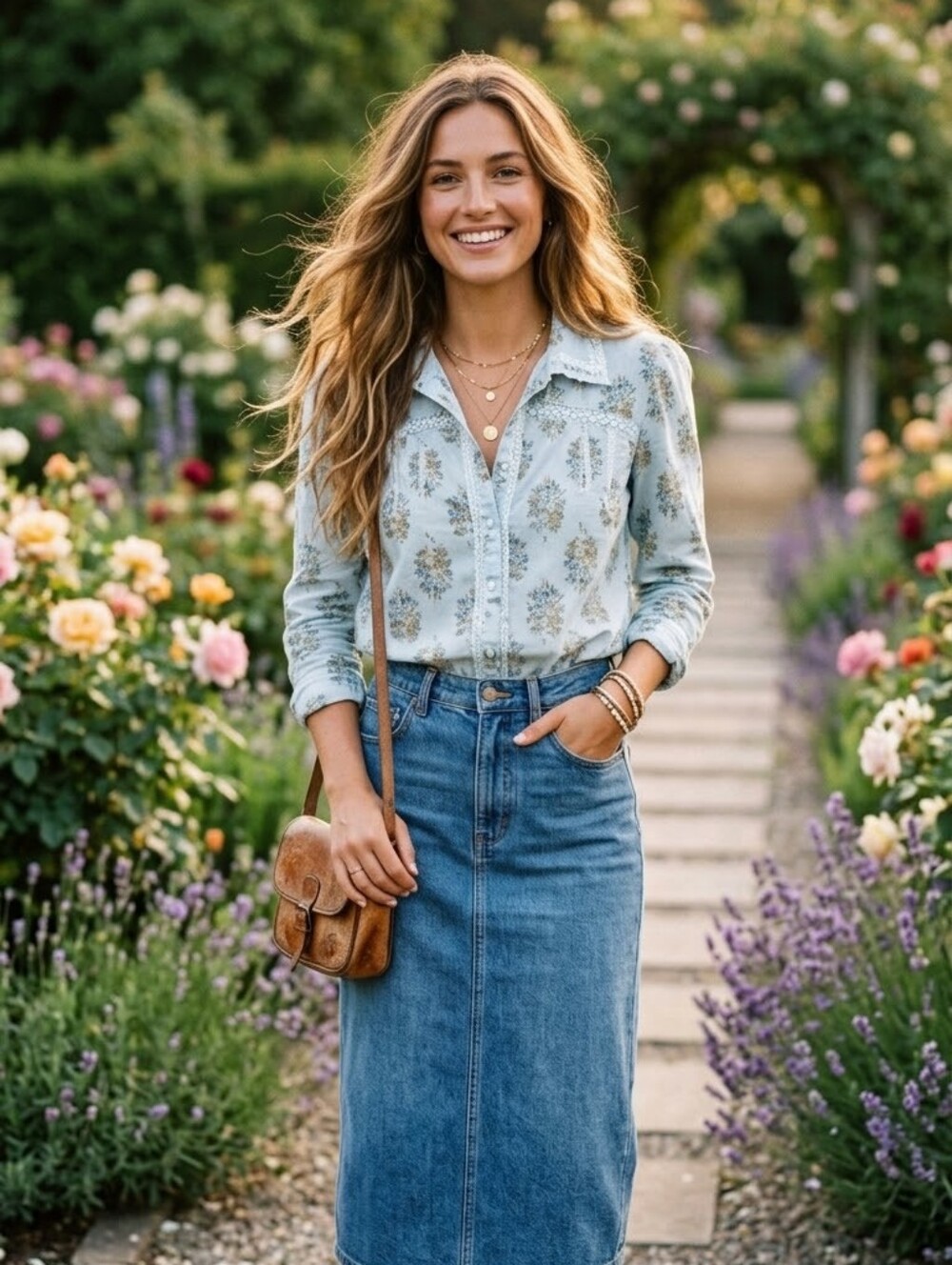 Women's Light Blue Floral Button-Front Top